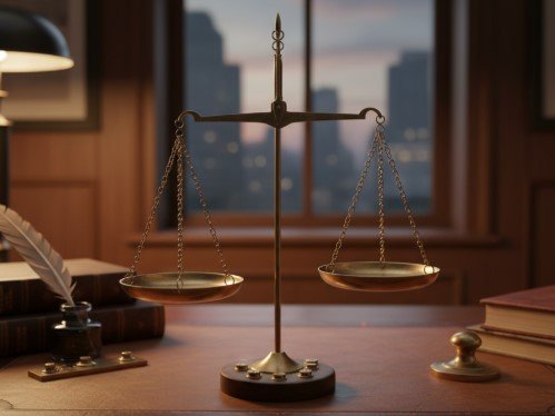 Brass scales on a wooden desk